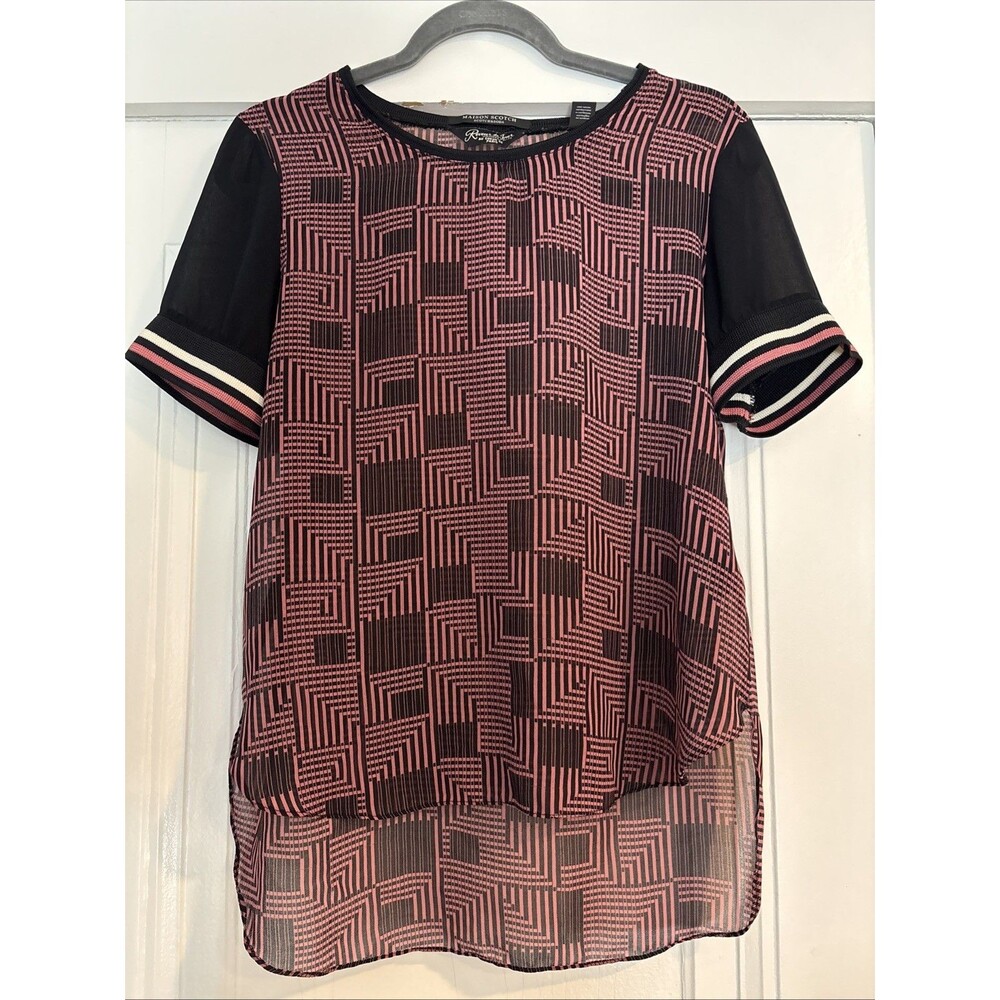 Maison Scotch Scotch & Soda Sheer Short Sleeve Black and Rose Blouse Size 2 US8
